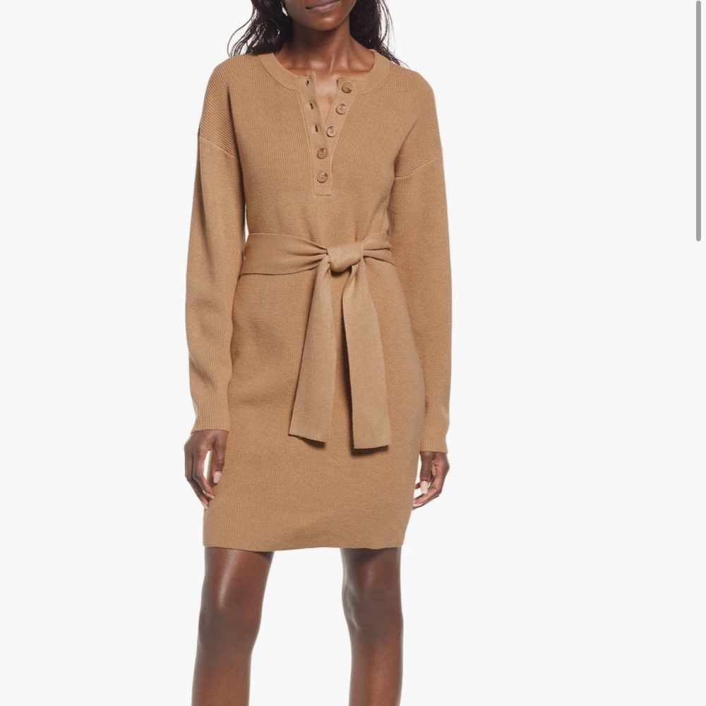 Charles Henry Belted Henley Long Sleeve Sweater Dress